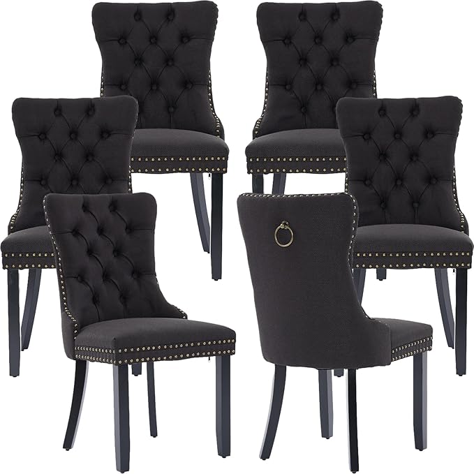 YeahFurn Black Mid Century Modern Dining Chairs Set of 6, Linen Upholstered Kitchen & Dining Room Chairs with Nailhead Trim & Solid Wood Legs, Elegant Sillas De Comedor (Black, 6 Pcs)