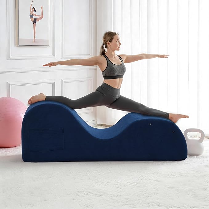 DRMBOOK Yoga Chairs for Adults, Corduroy Fabric Chaise Lounge with Headrest, Boneless Yoga Sofa Couch with Waist Cushion, Movable Footrest, Side Pockets for Relaxation Exercise Stretching (Blue)