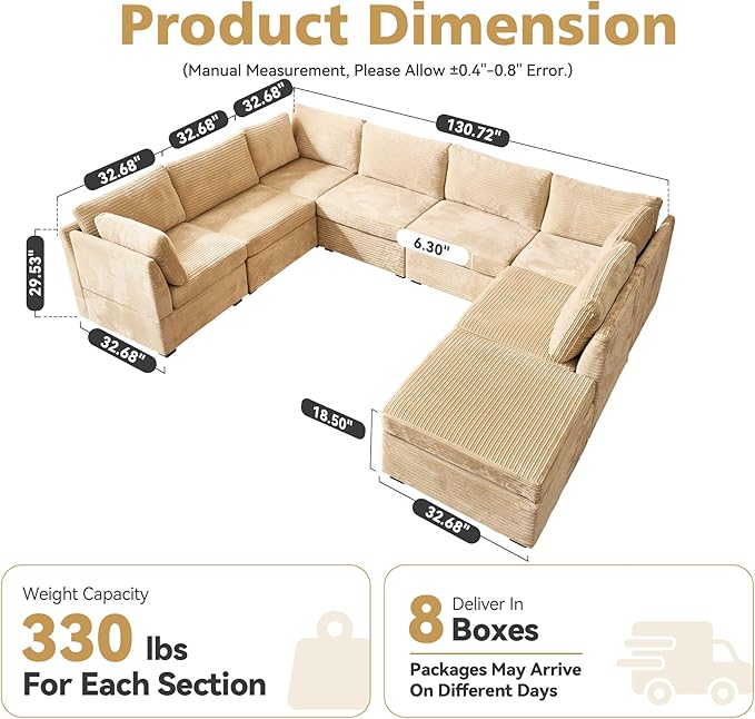 CAODOC Large 8 Seat Modular Sectional Sofa with Ottoman Seat Corduroy Sleeper Sectional Sofa Bed Oversized Convertible Modular Couch for Living Room