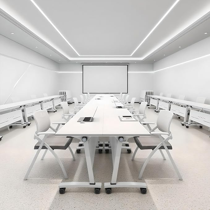 Folding Conference Room Tables, Flip Top Mobile Training Table with Wheels, Mobile Dynamic Meetings Training Tables, Portable Office Executive Desk, Rolling Seminar Meeting Table (3, White, 55.1in)
