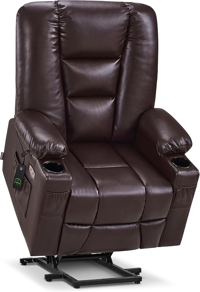 MCombo Large Power Lift Recliner Chair Sofa with Massage and Heat for Big and Tall Elderly People, 3 Positions, Cup Holders, and USB Ports, Faux Leather 7540 (Large, Dark Brown)