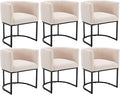 VESCASA Linen Upholstered Dining Chairs with Barrel Back, Mid Century Modern Padded Restaurant Chairs with Black Metal Frame for Kitchen, Dining Room, Set of 6, Cream