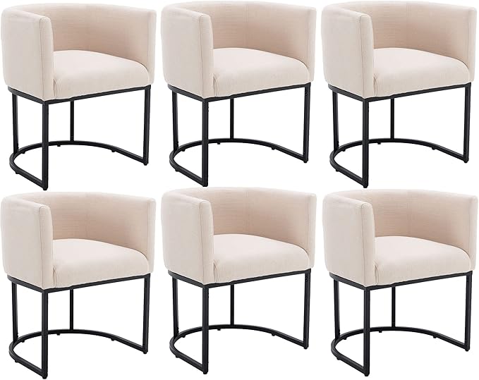 VESCASA Linen Upholstered Dining Chairs with Barrel Back, Mid Century Modern Padded Restaurant Chairs with Black Metal Frame for Kitchen, Dining Room, Set of 6, Cream