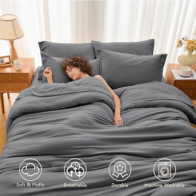 MUXHOMO 7 Pieces King Comforter Set, Soft Bed in a Bag King Size, All Season Bedding Set with Comforter, Flat Sheet, Fitted Sheet, Pillowcases & Shams, Dark Grey