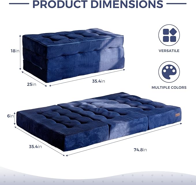 MAXYOYO Tri-Fold Mattress, 6 Inch Tufted Folding Futon Foam Bed, Foldable Floor Mattress Guest Bed Futon Topper Portable Camping Sleeping with Corded Fabric, Navy, 35.4"x75"