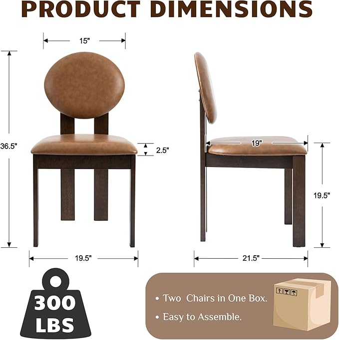 Modern Wood Dining Chairs Set of 2, Farmhouse Brown Faux Leather Kitchen Chairs with Round Back & Walnut Legs, Mid-Century Armless Upholstered Accent Chairs for Dining Room/Living Room/Restaurant