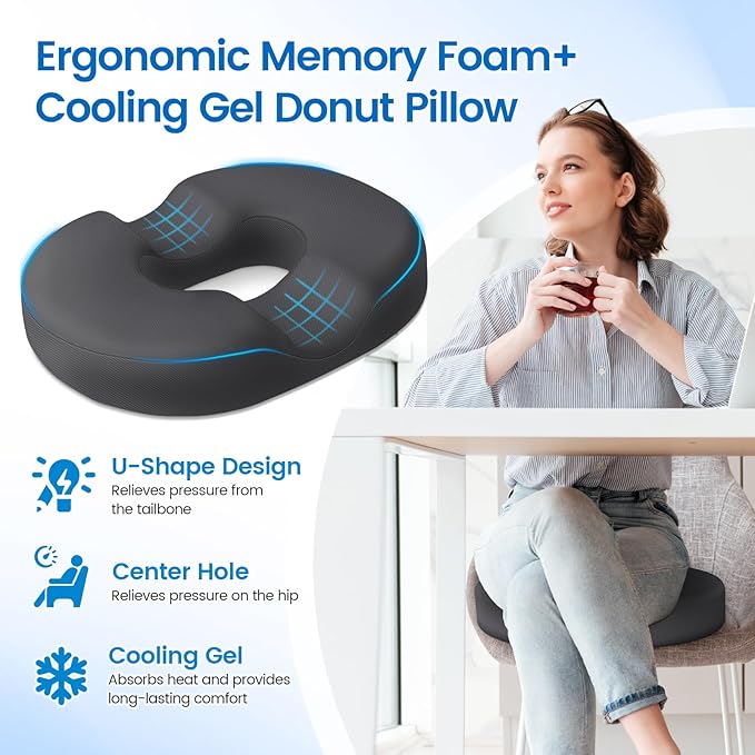 CushZone Donut Pillow Seat Cushion - Cooling Gel Floor Pillow, Memory Foam Floor Cushion for Office & Home, Car Seat, Hemorrhoids Pillow, Sciatica & Tailbone Pain Relief Chair Cushion, Grey