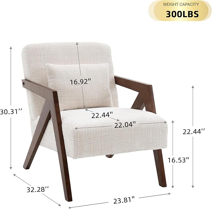 Mid-Century Modern Accent Chair with Solid Wood Frame，Upholstered Chenille Living Room Arm Chairs with Pillow for Bedroom, Living Room, Reading Room, Balcony, Beige