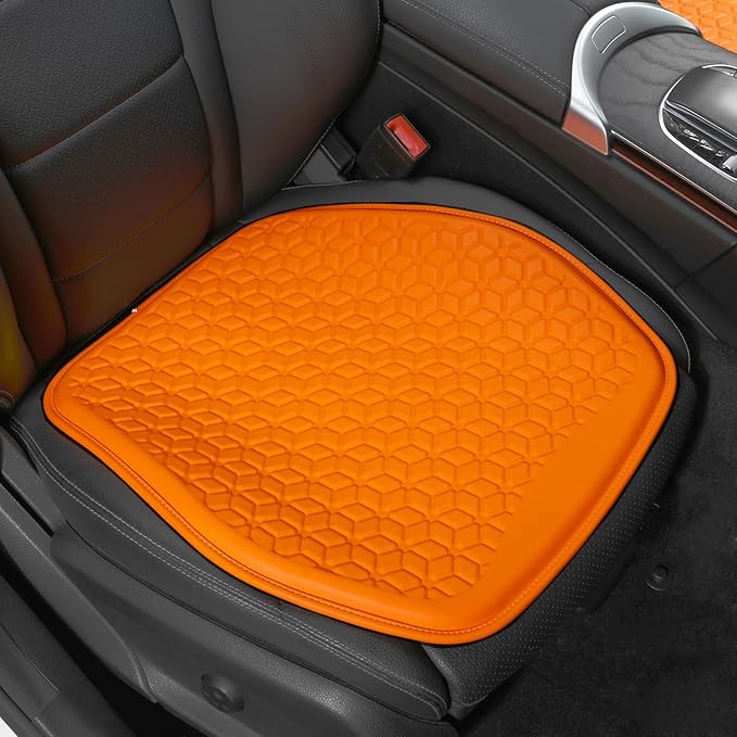 Binsheo Thin Gel Seat Cushion for Car Seat, Office Chair, Wheelchair, Golf Cart - Non-Slip Car Seat Cushions with 0.7 Inch Gel - Sciatica & Coccyx Pain Relief (Leather, Orange)
