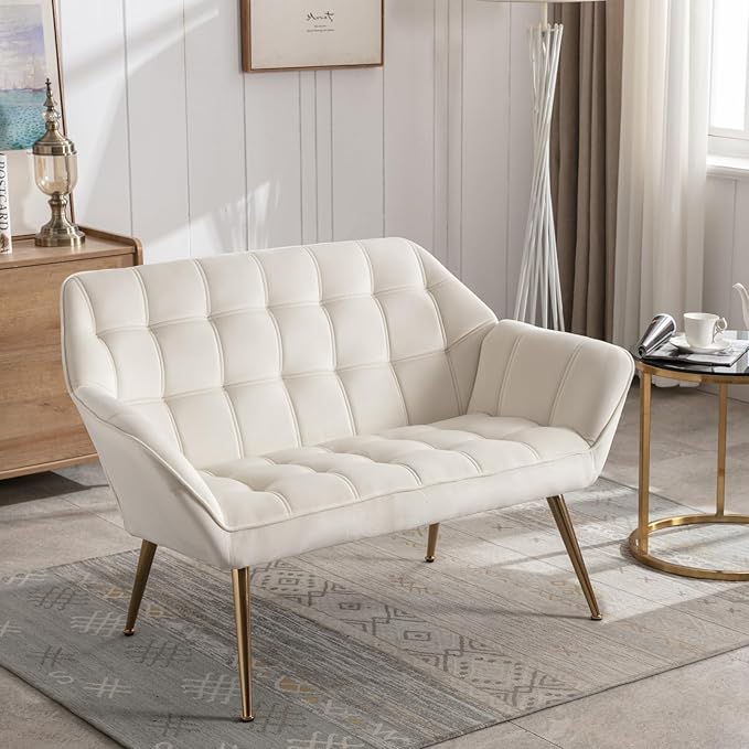 48" Small Loveseat Sofa, Mid Century Modern Velvet Love Seat with Golden Legs 2-Seat Sofa Couch Tufted Wingback Upholstered Sofa Chair for Living Room Bedroom Apartment, Cream