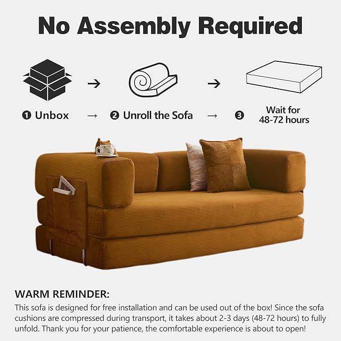 LIAROO 78.8" Convertible Sofa Bed - Compression Sofa with Corduroy Fabric - with Armrests and Backrest - Modular Sectional for Living Room, Bedroom, Studio - Compression Sofa in Box (Yellow)