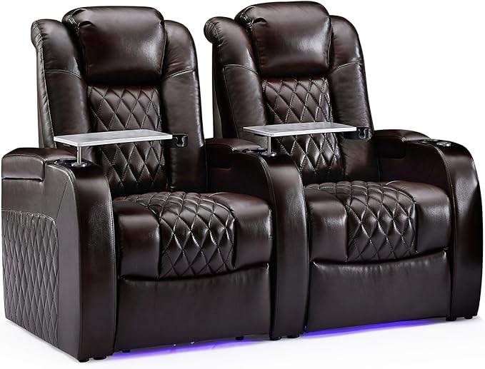 Weilianda Home Theater Seating Top Grain Leather Zero Gravity Recliner Chair Power Headrest Recline Movie Seat Gaming 7 Colors Mood Light Sofa with Tray Table USB Charge Row of 2 Brown