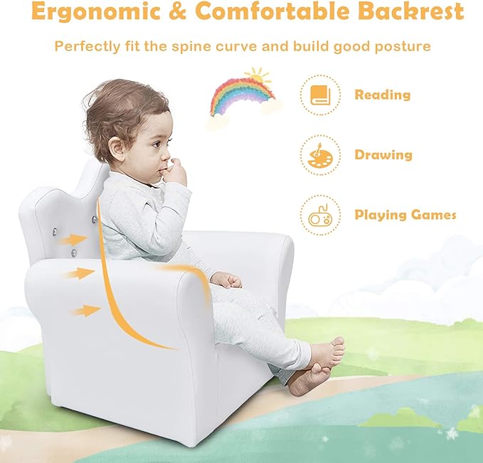 HONEY JOY Kids Sofa, Children Princess Upholstered Couch Armrest Chair with Ottoman, PVC Leather & Embedded Crystal, Toddler Bedroom Furniture for Baby Girl (White Crown Shape with Footstool)