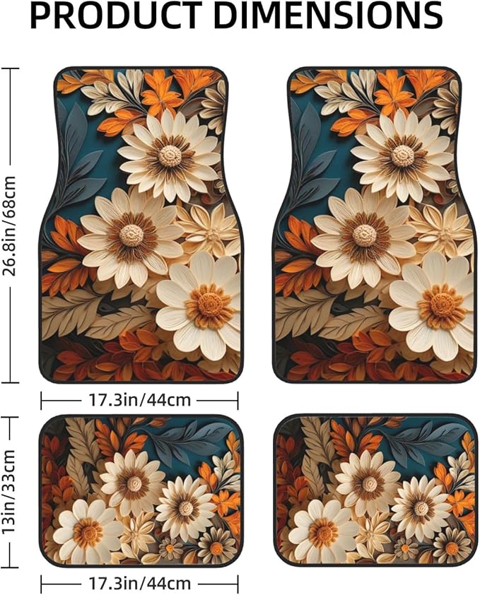 Artistic Fabric Car Floor Mats-Non-Slip Rubber Backing,Flower,Front (26.8x17.3in) & Rear (13x17.3in) Set-Water Absorbing, Durable Automotive Floor Liners with Stylish Patterns