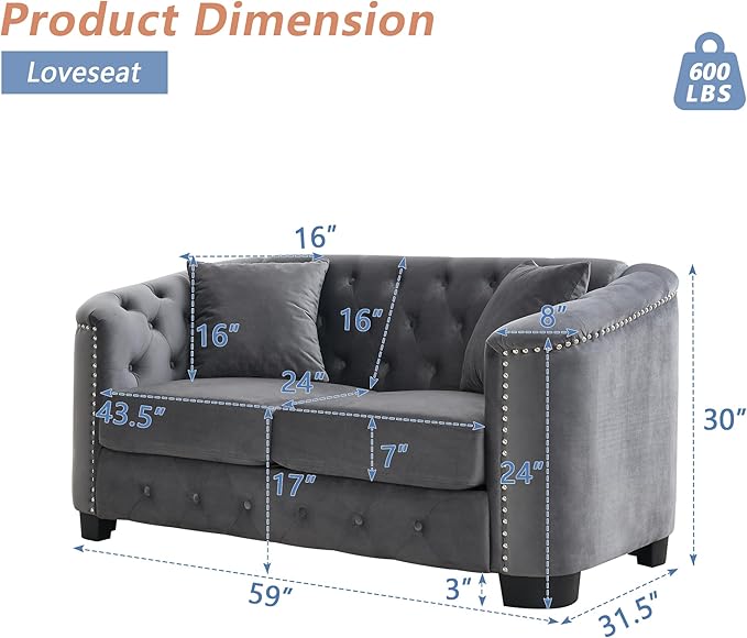 mikibama Modern Chesterfield Velvet Loveseat Sofa, 59 Inch Sectional Sofa, Luxury 2 Seater Upholstered Tufted Couch with Nailhead Arms and 2 Pillows for Living Room, Bedroom, Apartment(Grey)