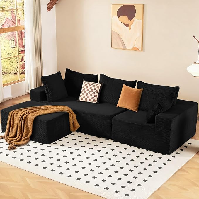 INGEROOM 108" Cloud Sectional Couch with L-Shape Chaise, Modular Sofa Memory Foam, Boneless Sofa with Movable Ottoman, Plush Corduroy Memory Foam Couch for Living Room, No Assembly, Black