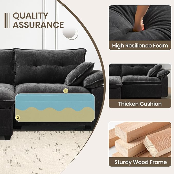 PALLOME 82" Deep Seat Comfy Cloud Couch, Modular Sectional Sofa with Movable Ottoman, L Shaped Chenille Sofa for Small Space, Modern Apartment Living Room & Office (Grey, 2-Seat + Ottoman)