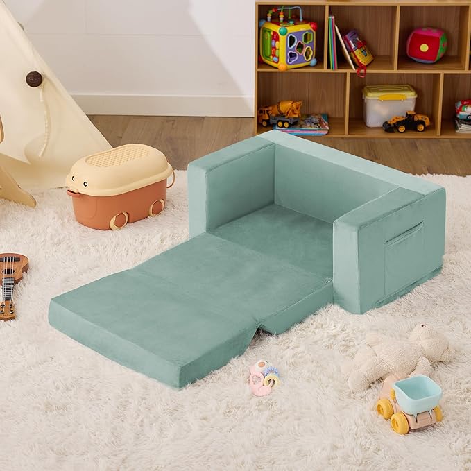 Kids Couch, 2-in-1 Toddler Chair Comfy 1-3 Years, Convertible Kids Chair, Toddler Couch That Fold Out, Kid Lounge Chairs for Boys and Girls, Soft Coral Fleece, Double, Teal