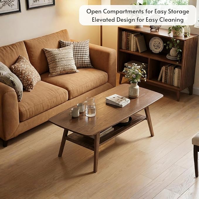 Hymus Solid Wood Coffee Table - 2-Tier Modern Center Table, Living Room Tables with Double Storage for Living Rooms, Bedrooms, and Offices (Walnut, 39.37" D x 19.69" W x 17.32" H)