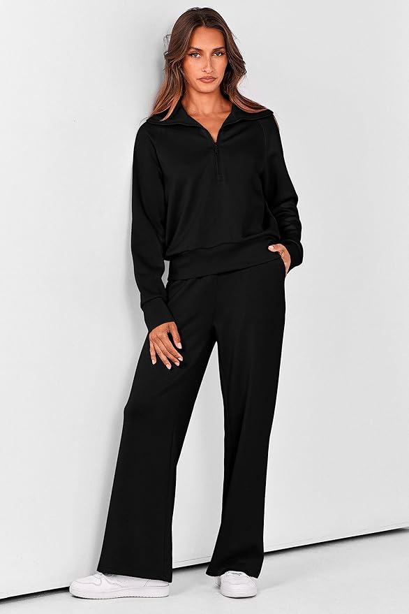 PRETTYGARDEN Women's 2 Piece Outfits Casual Lapel Half Zip Sweatshirts and Wide Leg Pants Tracksuit Sets