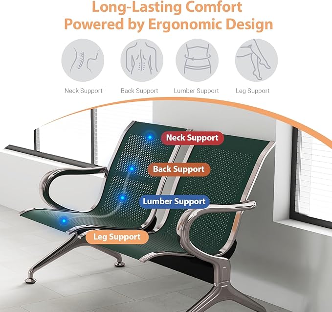 Kinfant 2-Seat Waiting Room Chair - Office Guest Reception Chairs with Ergonomic Backrests, Airport Waiting Bench with Armrests, Metal Waiting Furniture for Hospital, Bank (Dark Green, Set of 4)