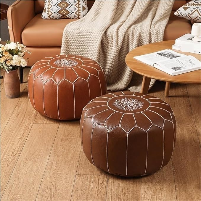 Vintage Leather Pouf Ottoman Round Meditation Cushion Floor Pouf Footrest Retro Fashion Style Floor Cushion for Living Room Heavy Duty(Orange)