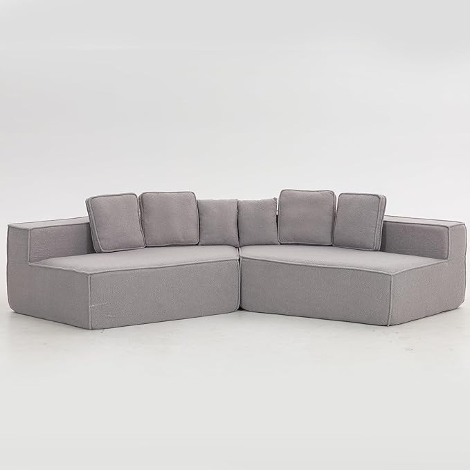 EPOFIT 132'' Oversized Teddy Fleece Modular 2-Seater Sofa, Compressed All-Foam Floor Couch with 6 Cushions, Low-Profile Cozy Sectional Sofa for Living Room & Apartment – Grey