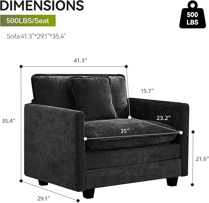 UMBFUN Cloud Couch Accent Chair, Oversized Comfy Modular Sofa with Deep Seat Cushions, Chenille Upholstered Lounge Chair for Living Room & Bedroom, Dark Grey