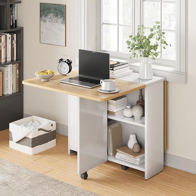 IDEALHOUSE Folding Dining Table, Drop Leaf Dining Table with 6 Wheels and 2-Layer Storage Shelf, Space Saving Kitchen Table for Small Spaces (Natural Wood, 47.2" D x 23.6" W x 29.5" H)