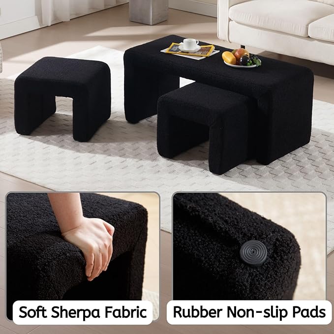 LukeAlon 3-Piece Nesting Ottoman Bench Set, 40.5" Wide Upholstered End of Bed Bench with 2 Small Stools Sherpa Comfy Entry Bench Vanity Bench Stools Modern Arched Bench for Living Room Bedroom, Black