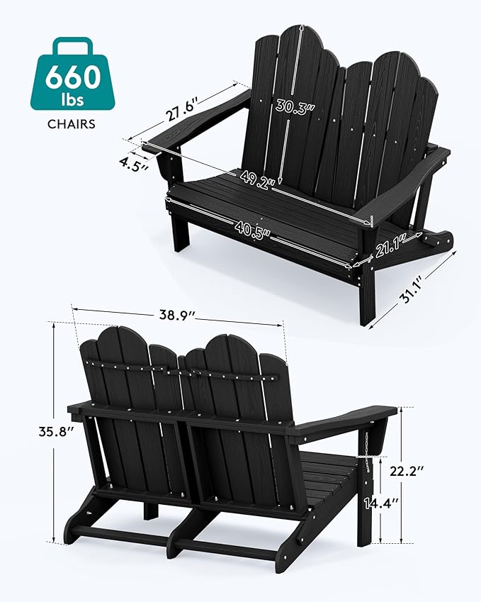 SERWALL Folding Adirondack Bench, HDPE All-Weather Adirondack Loveseat, 660 lbs Capacity, Foldable Outdoor Patio Bench for Deck, Lawn, Garden, Black