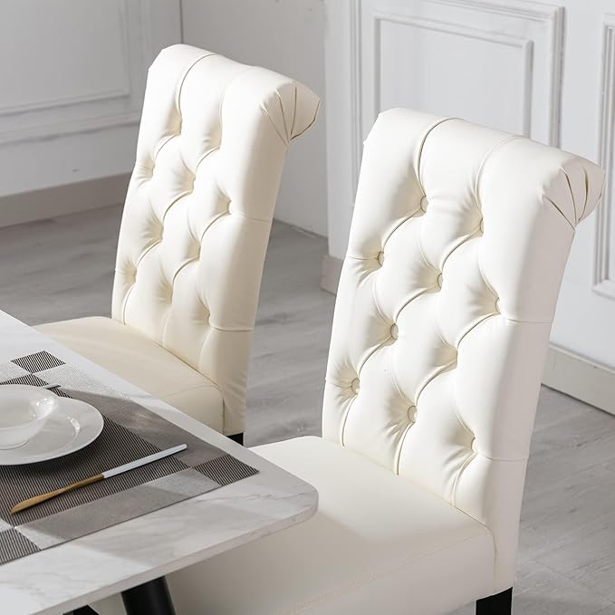 chairus Dining Chairs Set of 2 Mid Century Modern Living Room Chairs with Button Tufted High Back PU Leather Armless Chair Comfy Upholstered Side Chairs for Kitchen/Restaurant/Bedroom, Cream White