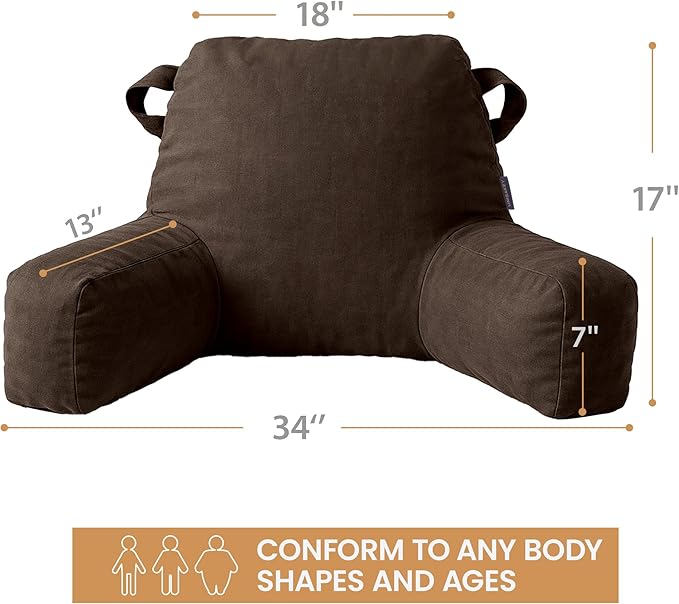 Unisakey Portable Comfy Reading Pillows for Bed Sitting Up(Brown Oeko-Tex), Velvet Back Pillow with Arms & Pockets for Adults, Support Memory Foam Bed Pillow for Dorm/Reading/Watching/Gaming