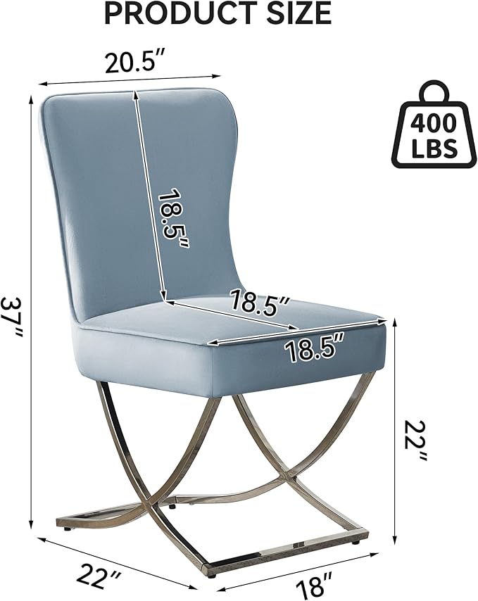 WUTUTUEE Luxury Velvet Dining Chairs, Tufted Upholstered Armless Accent Chairs with Silver Metal X-Legs, Modern Glam Dining Room Chair Set of 6, Light Blue
