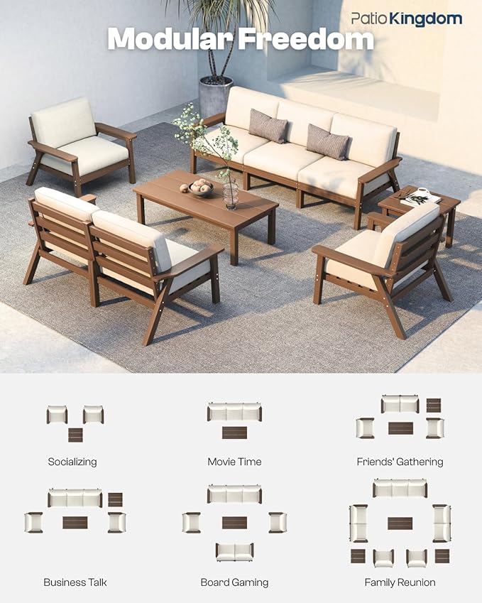 Patio Kingdom Patio Furniture Set 8 Seats, HDPE Outdoor Sectional with Beige Washable Thick Cushions, Coffee Table, Patio Conversation Sets for Lawn, Garden, Porch, Balcony, Deck (Brown Frame)