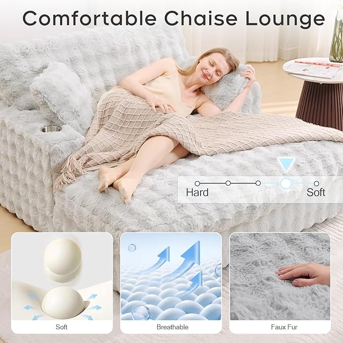 52.5 Inch Oversized Chaise Lounge Chair Indoor, Faux Fur Upholstered Sleeper Couch, Ergonomic Deep Seat Sleeper Sofa with Plush Pillows, Cup Holders, USB Port,Reading Chairs for Living Room/Light Grey