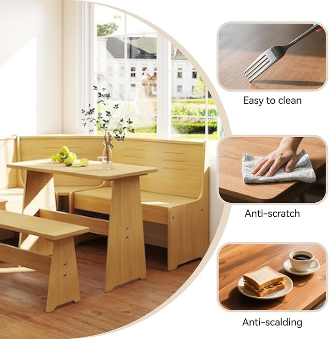 Breakfast Nook Corner Dining Table Kitchen Bench Chair Set, Space-Saving 3-5 People Seat Reversible L-Shape for Family Home Natural Wood