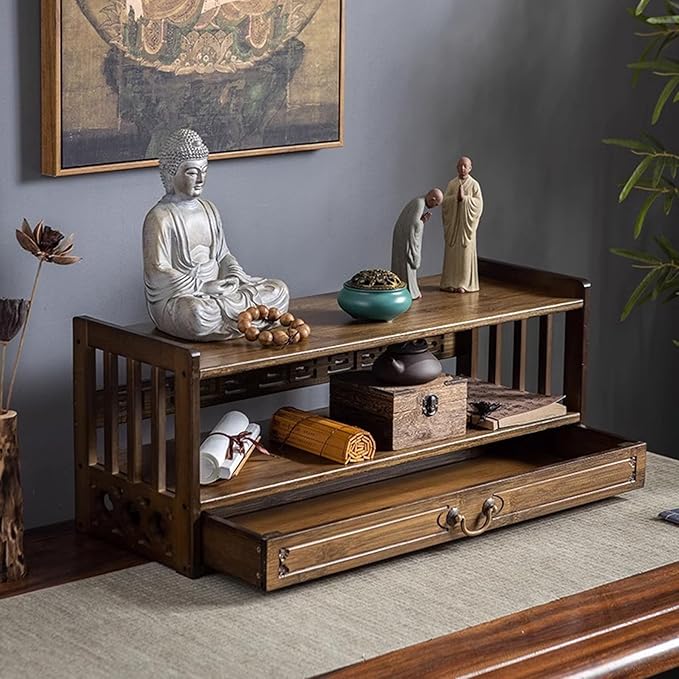 Low 3-Tier Meditation Table with Drawer,Bamboo Altar Tables,Puja Desks,Tatami Desk,27.2”W,Walnut Color