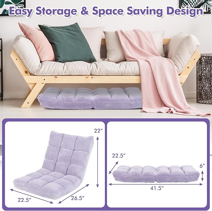 GOFLAME 14-Position Folding Floor Chair, Padded Gaming Lazy Sofa Chair with Adjustable Backrest, Couch Recliner, Sleeper Bed Lounge Chair for Reading, Gaming, Meditating (Light Purple)