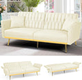ACMEASE 70” Velvet Futon Sofa Bed with 2 Pillows and Adjustable Armrests, Convertible Sleeper Bed W/Adjustable Backrests, Modern Loveseat for Living Room, Bedroom, Beige