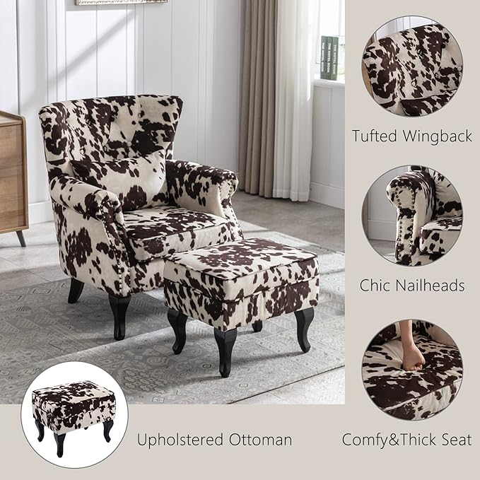 Janoray Mid Century Modern Accent Chair Upholstered Armchair Comfy Velvet Tufted Wingback Single Sofa with Ottoman for Bedroom Living Room, Cow