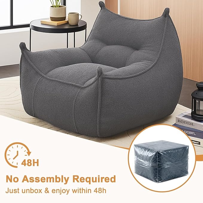 Giant Bean Bag Chair for Adults, Comfy Grey Beanbag with Filling Plush Fluffy and Back Support, Lounge Lazy Floor Sofa Accent Chair, Cozy Single Cloud Couch for Living Room, Bedroom & Dorm