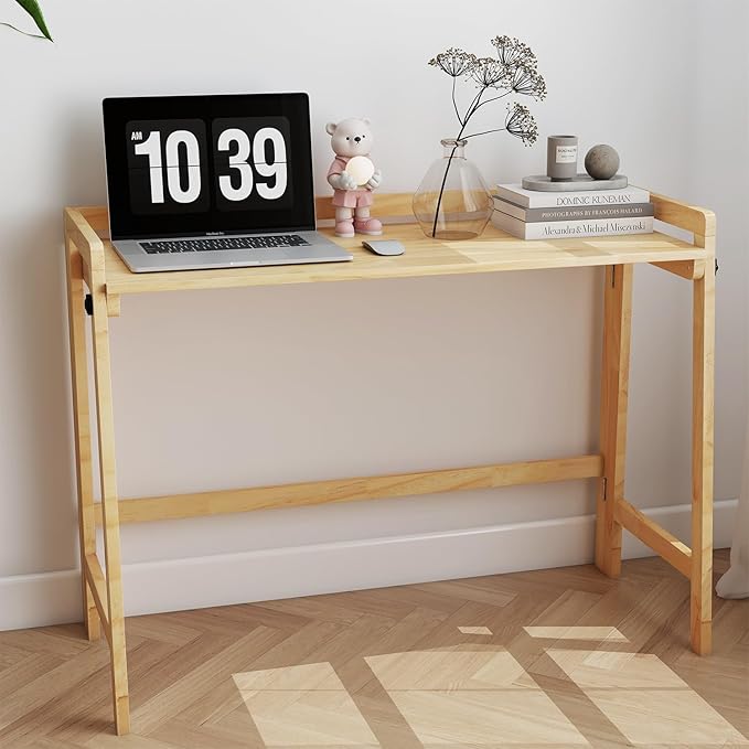 39" Solid Wood Folding Desk - Mid Century Modern Compact Workstation for Small Spaces, Home Office Computer Writing Study Desk with Natural Wood Finish