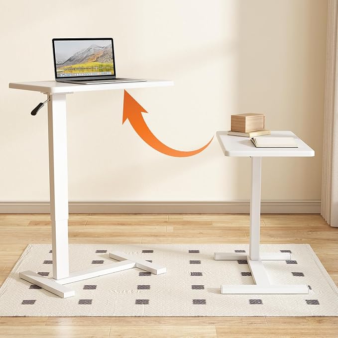Overbed Bedside Table with Wheels Adjustable Hospital & Home Use Bed Table Rolling Movable Laptop Mobile Standing Desk Pneumatic Computer Cart Waterproof L-Shaped Steel Base Tray Tables,White