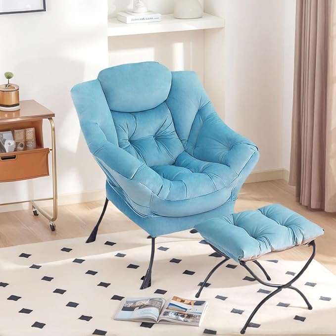 Tiita Lazy Chair with Ottoman, Blue Chiars Modern Large Accent Lounge Armchair, Comfy Leisure Sofa Reading Chair with Footrest for Bedroom, Living Room, Dorm Rooms, Garden, Velvet Light Blue