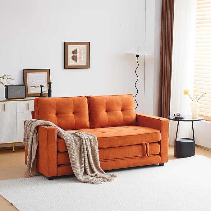 VINGLI Sofa Bed Full Size Pull Out Couch Bed Burnt Orange Futon Couch 64" W 84" L Loveseat Sleeper Floor Couches for Living Room Convertible Loveseat Sofa Foldable Sofa Bed