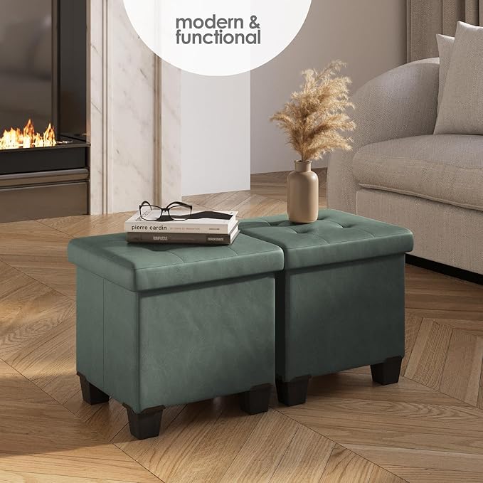 Storage Ottoman Cube with Small Bin, 16-in Square Ottoman with Storage for Living Room and Bedroom, Small Ottomans Foot Rest, Faux Leather Foot Stools Ottomans Max 330lbs, Green