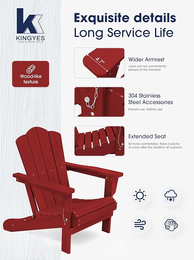 KINGYES Folding Adirondack Chair Set of 2, HDPE Adirondack Chair for Adult, Red