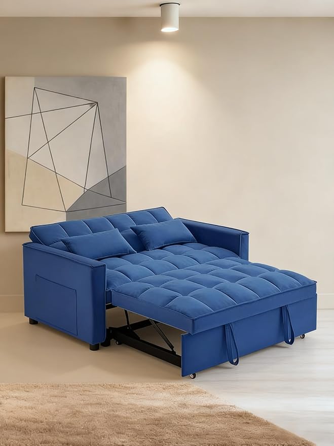 54 inch Velvet 3 in 1 Convertible Sleeper Sofa Bed, Futon Couches for Living Room with Side Pocket | Adjustable Backrest| Velvet Fabric | Pull Out Couch | Love seat Sofa|2-seat Sofa Bed (Blue)