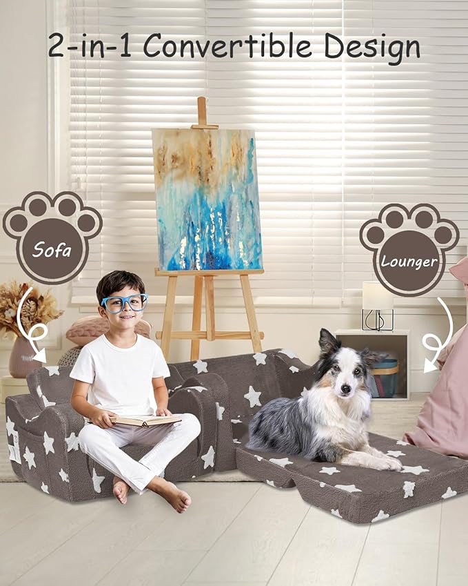 Toddler Couch, Kids Couch for Toddler Fold Out, 2-in-1 Convertible Kid Sofa to Lounger Bed for Girls and Boys, Ideal for Reading Sleeping Gaming Decor (Brown)